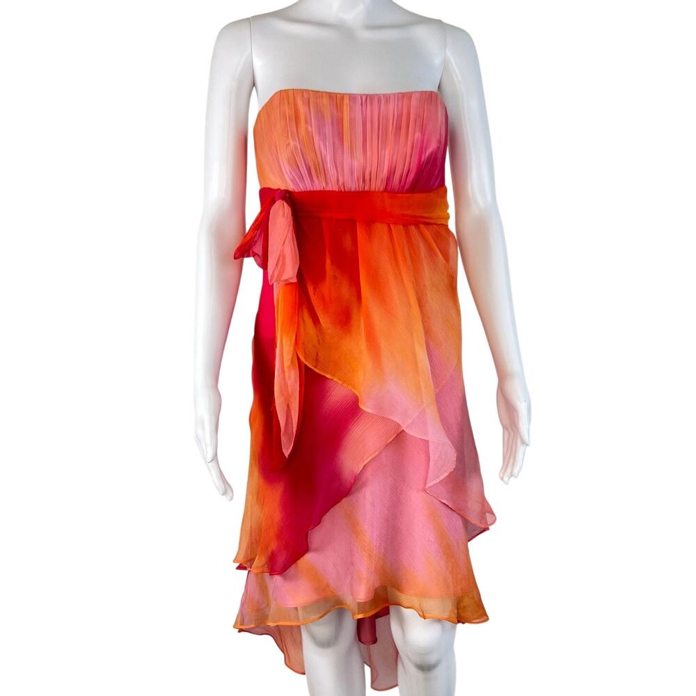 Vintage Y2K Laundry By Shelli Segal 100% Silk Orange Pink Strapless Dress (Sz 8)